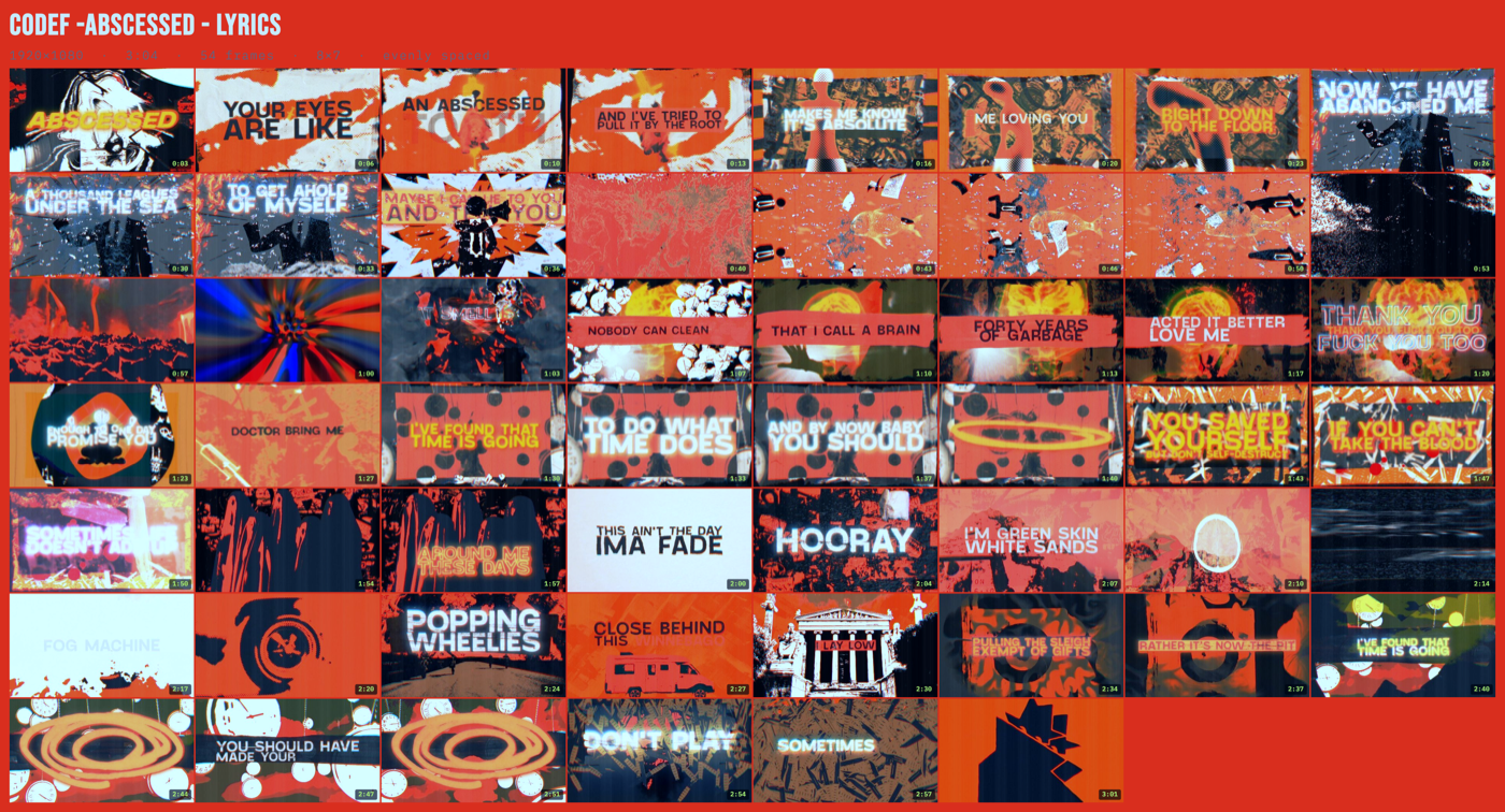 Abscessed lyric video contact sheet