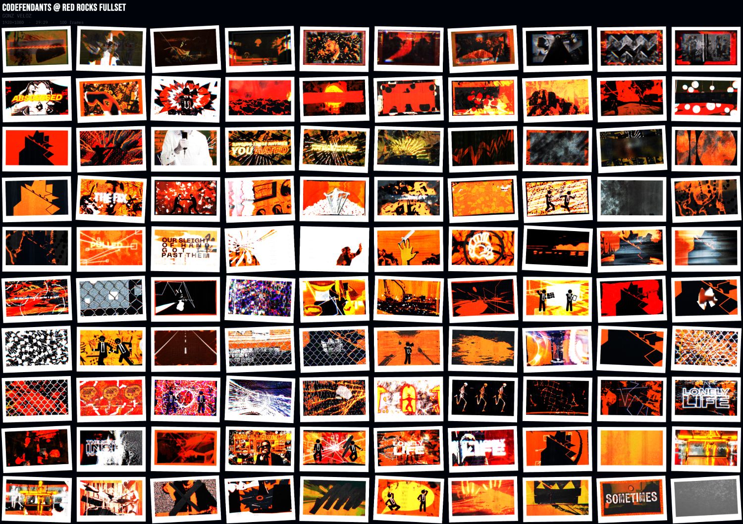 Full contact sheet — 90+ motion cues from the Red Rocks visual system, arranged in a grid